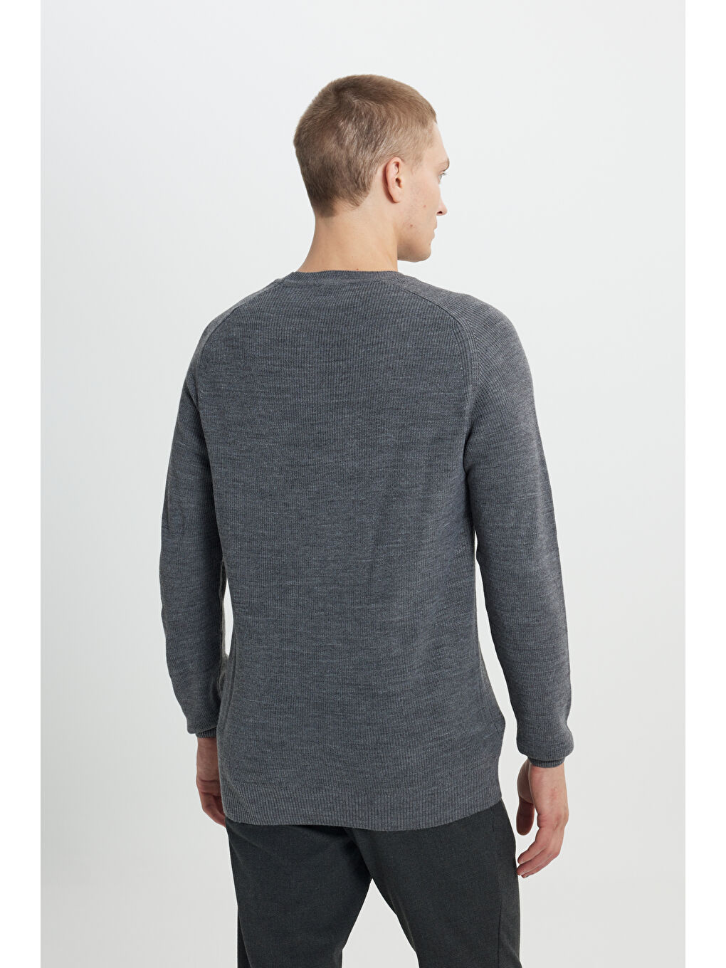 Erkek Antrasit-Melanj Standart Fit Normal Kesim Bisiklet Yaka Desenli Triko Kazak-4