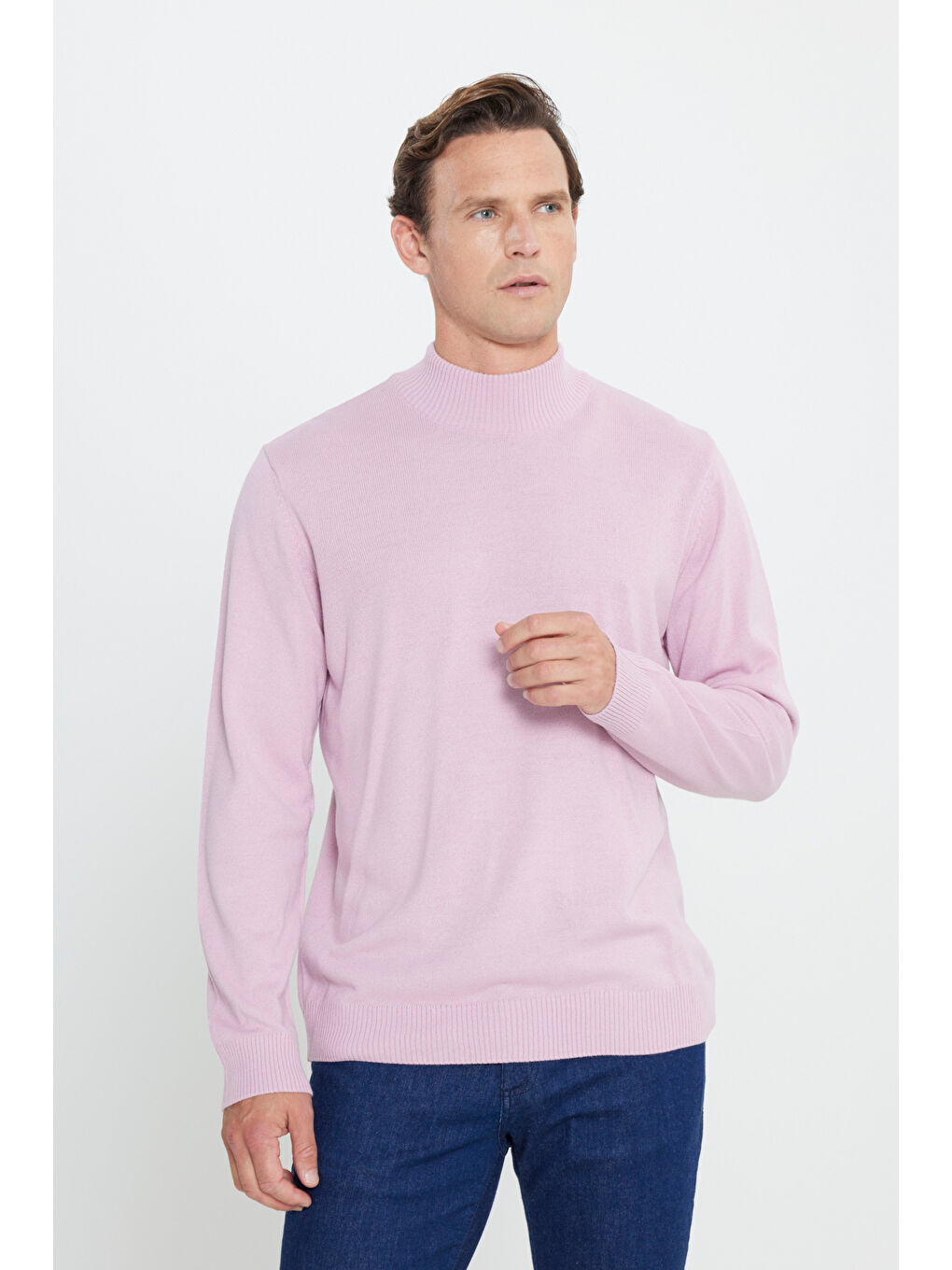 Pembe Erkek Gül Kurusu Tüylenme Yapmayan Anti-Pilling Standart Fit Yarım Balıkçı Yaka Triko Kazak-2