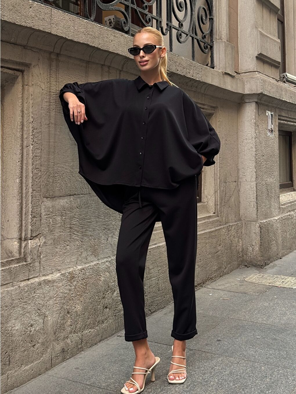 Oversize Gömlek Pantalon Siyah Takım-1