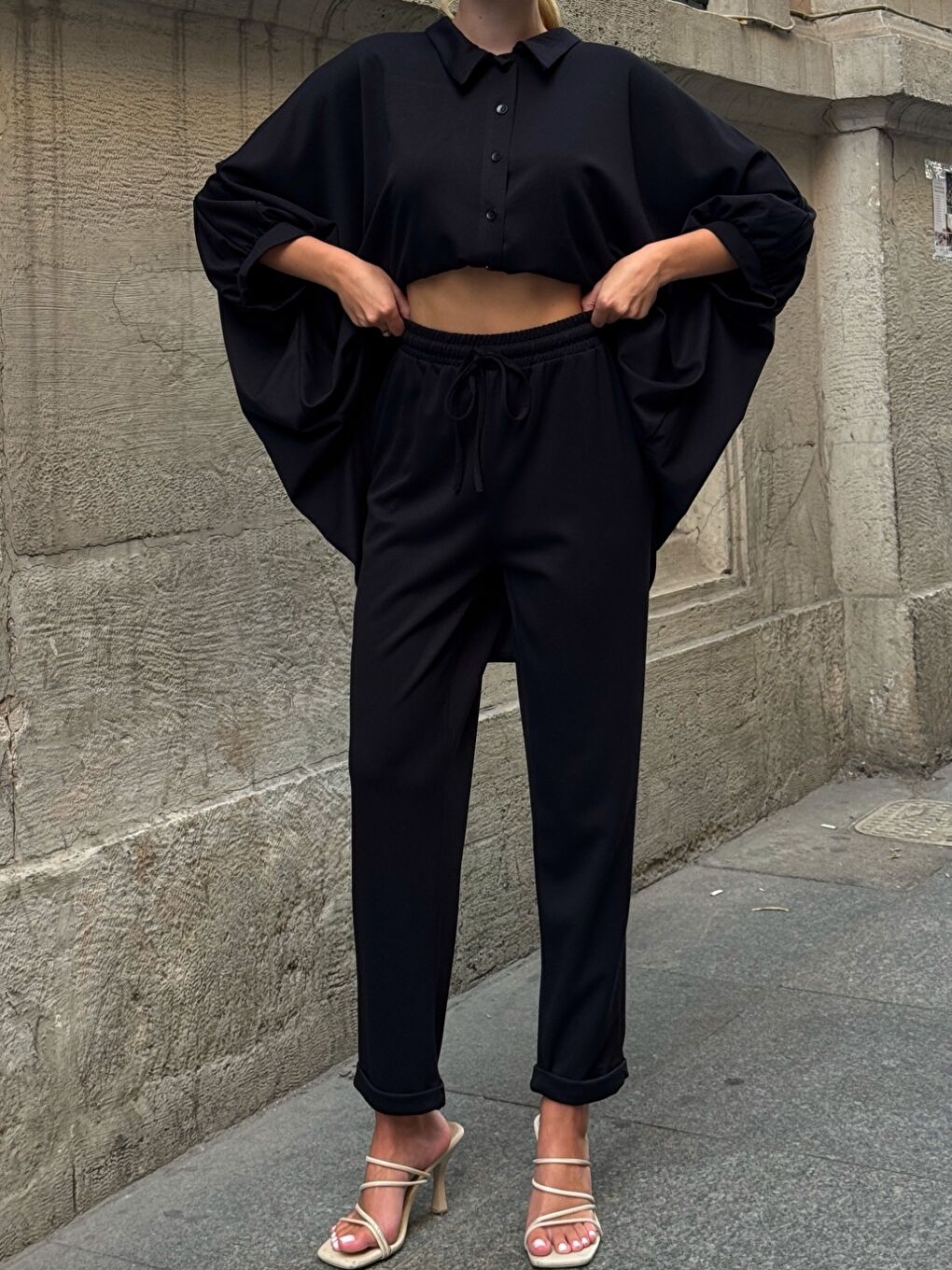 Oversize Gömlek Pantalon Siyah Takım-2