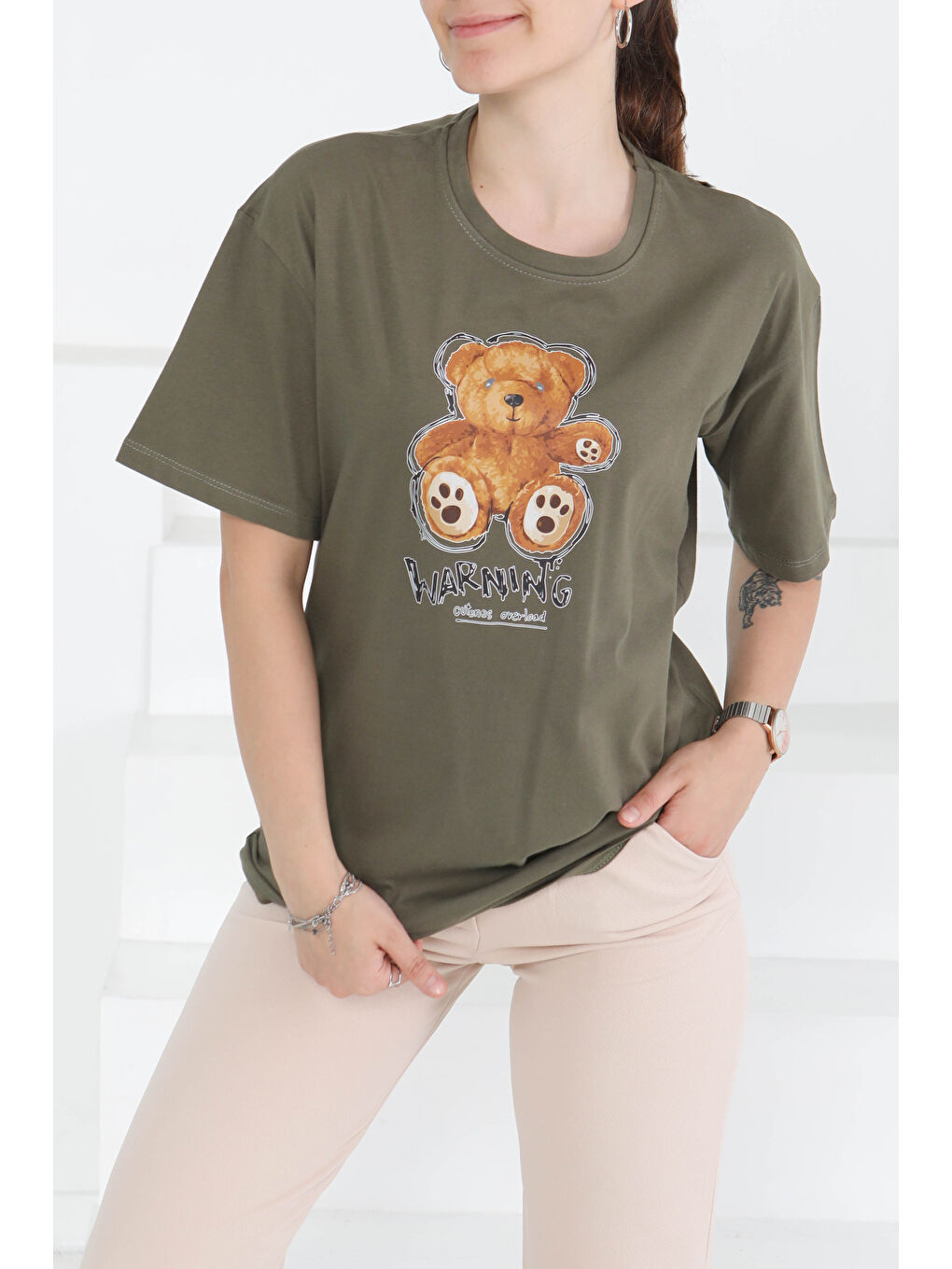 Baskılı Kısa Kollu T-Şhirt Haki - 27350-2