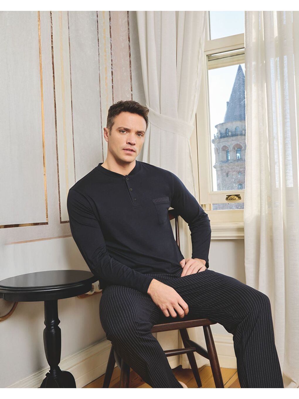 Erkek Siyah %100 Doğal Pamuk Uzun Kollu Yüksek Kaliteli Pijama Takımı