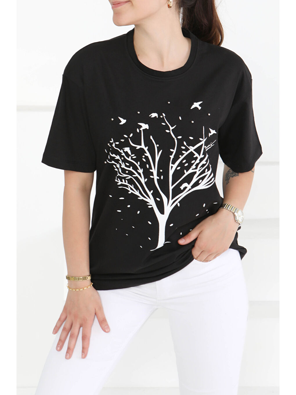 Baskılı Taşlı T-Şhirt Siyah - 27375-1