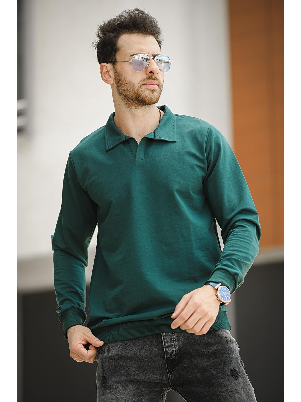 Yeşil Hoek Slim Fit Polo Yakalı Erkek Sweatshirt
