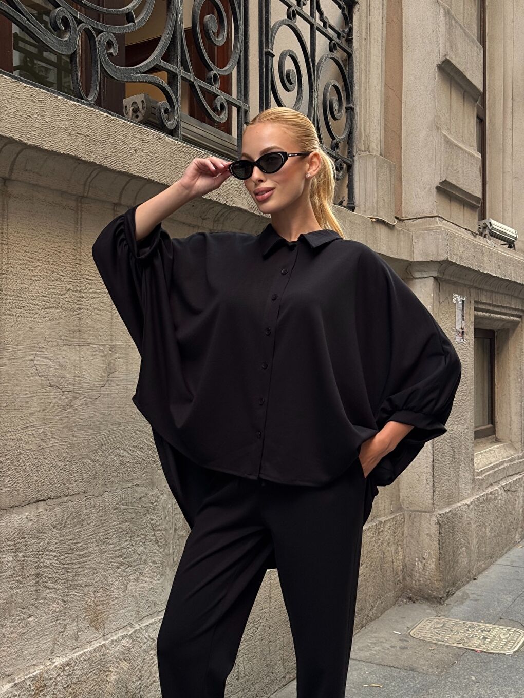 Oversize Gömlek Pantalon Siyah Takım-4