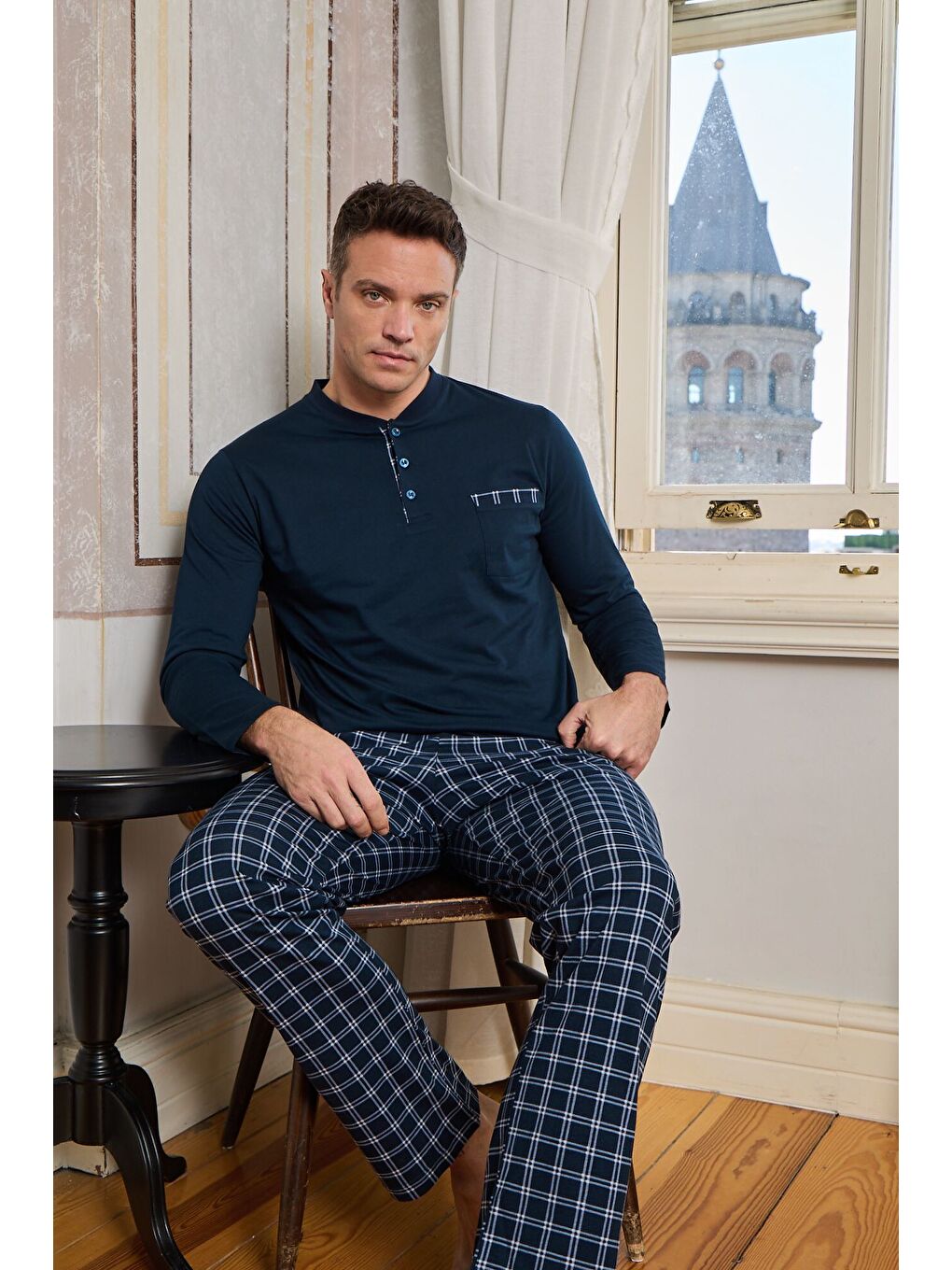 Erkek Lacivert %100 Doğal Pamuk Uzun Kollu Yüksek Kaliteli Pijama Takımı