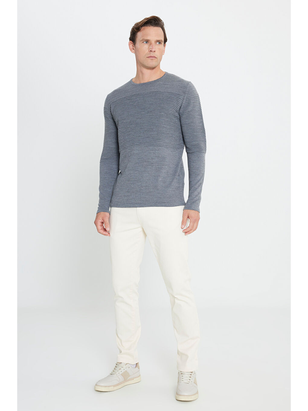 Erkek Antrasit-Melanj Anti-Pilling Özellikli Tüylenme Yapmayan Standart Fit Bisiklet Yaka Çizgi Dokulu-1