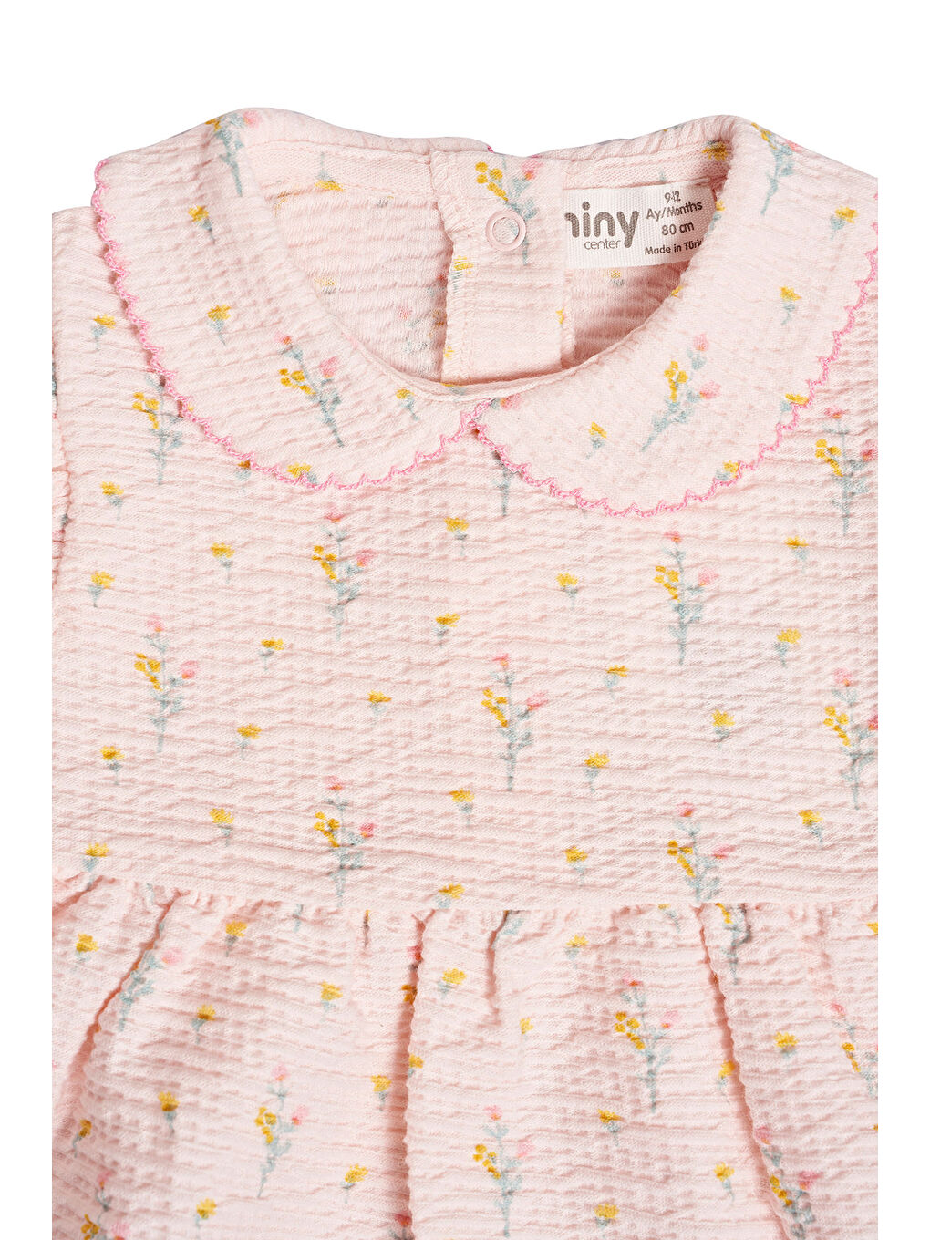 Pembe Kolları Fırfırlı Çiçek Desenli Kız Bebek Elbise-3