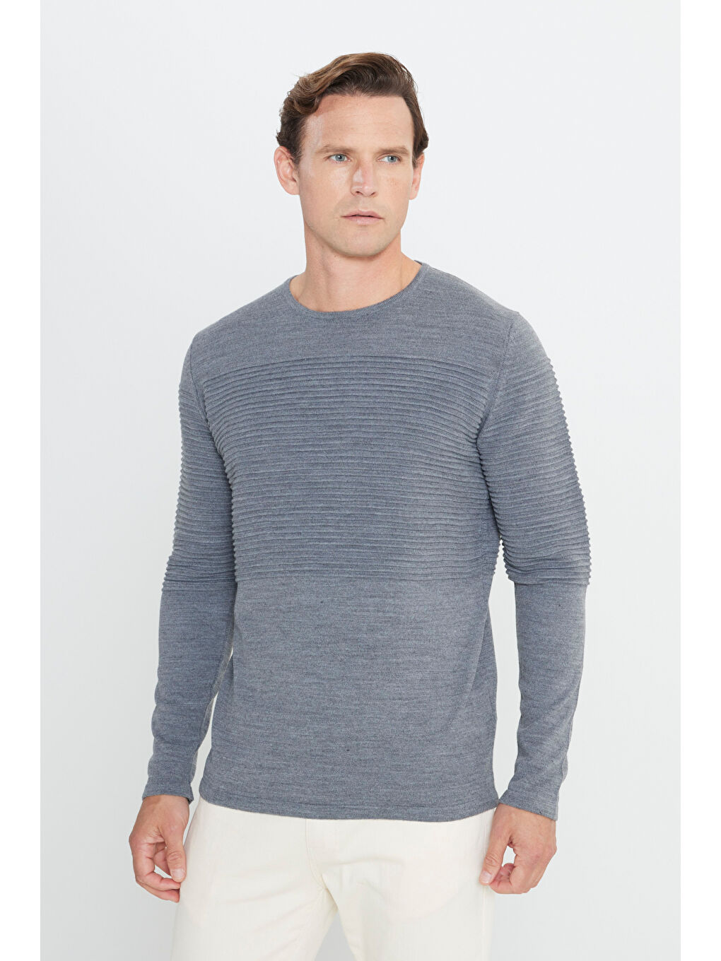 Erkek Antrasit-Melanj Anti-Pilling Özellikli Tüylenme Yapmayan Standart Fit Bisiklet Yaka Çizgi Dokulu-2