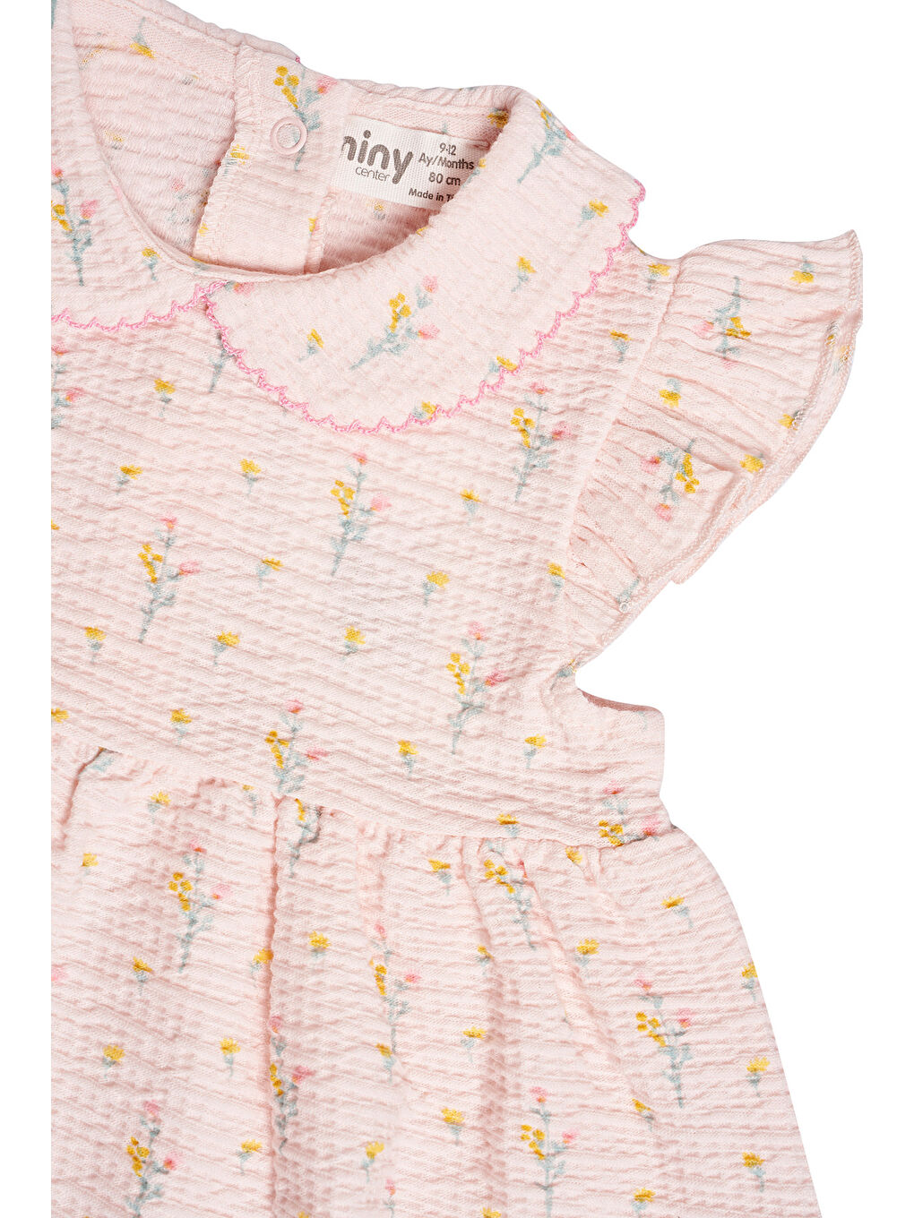 Pembe Kolları Fırfırlı Çiçek Desenli Kız Bebek Elbise-4