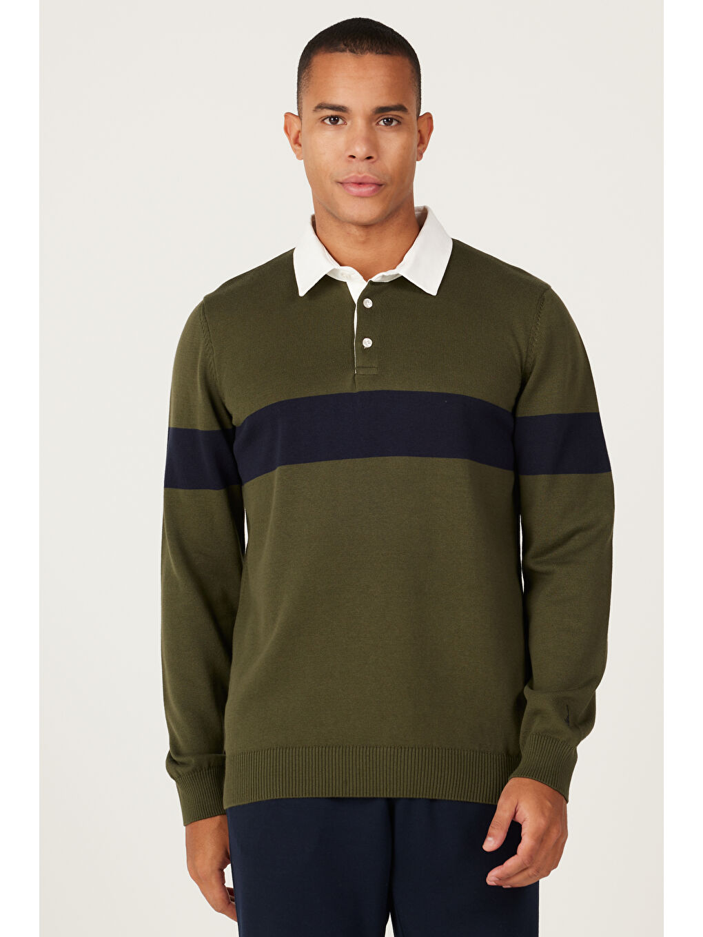 Erkek Haki-Lacivert Standart Fit Normal Kesim Polo Yaka %100 Pamuklu Desenli Triko Kazak