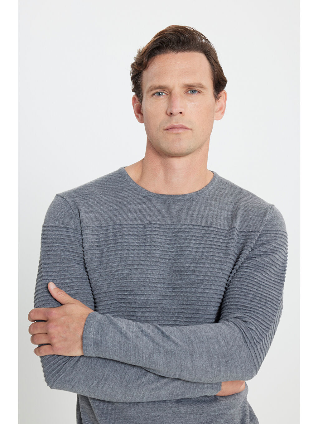 Erkek Antrasit-Melanj Anti-Pilling Özellikli Tüylenme Yapmayan Standart Fit Bisiklet Yaka Çizgi Dokulu-3