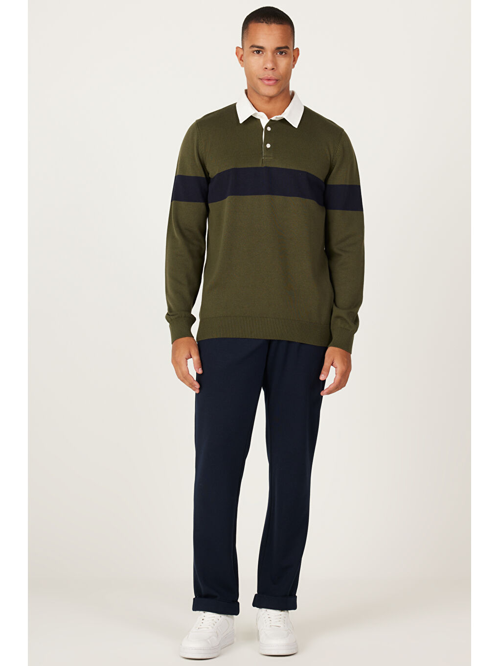 Erkek Haki-Lacivert Standart Fit Normal Kesim Polo Yaka %100 Pamuklu Desenli Triko Kazak-1