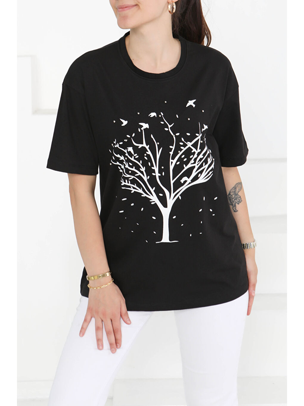 Baskılı Taşlı T-Şhirt Siyah - 27375-2