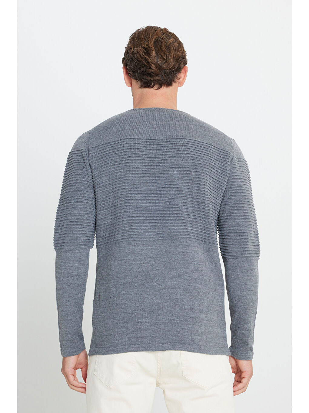 Erkek Antrasit-Melanj Anti-Pilling Özellikli Tüylenme Yapmayan Standart Fit Bisiklet Yaka Çizgi Dokulu-4