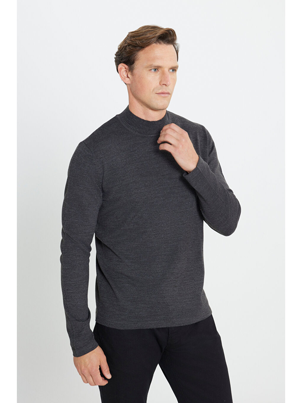 Erkek Antrasit-Melanj Tüylenme Yapmayan Anti-Pilling Standart Fit Yarım Balıkçı Yaka Triko Kazak-2