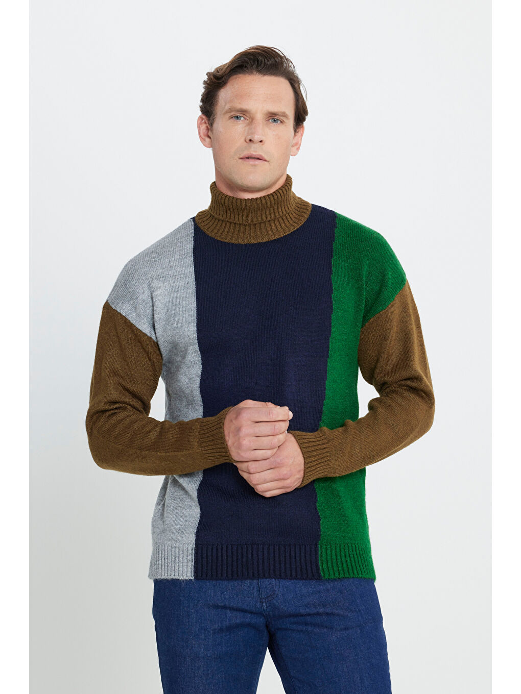 Erkek Haki-Lacivert Oversize Fit Bol Kesim Tam Balıkçı Yaka Triko Kazak