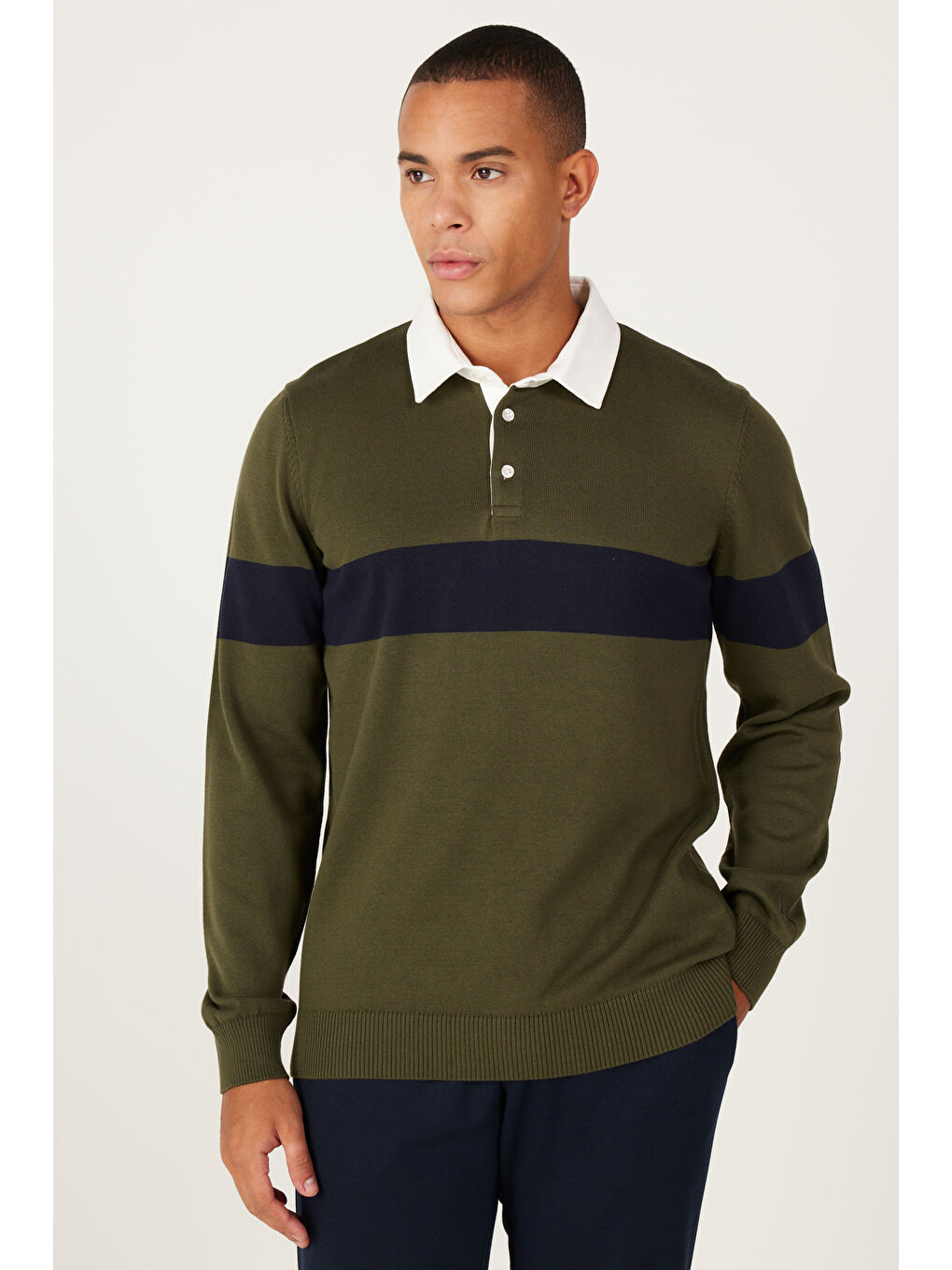 Erkek Haki-Lacivert Standart Fit Normal Kesim Polo Yaka %100 Pamuklu Desenli Triko Kazak-2