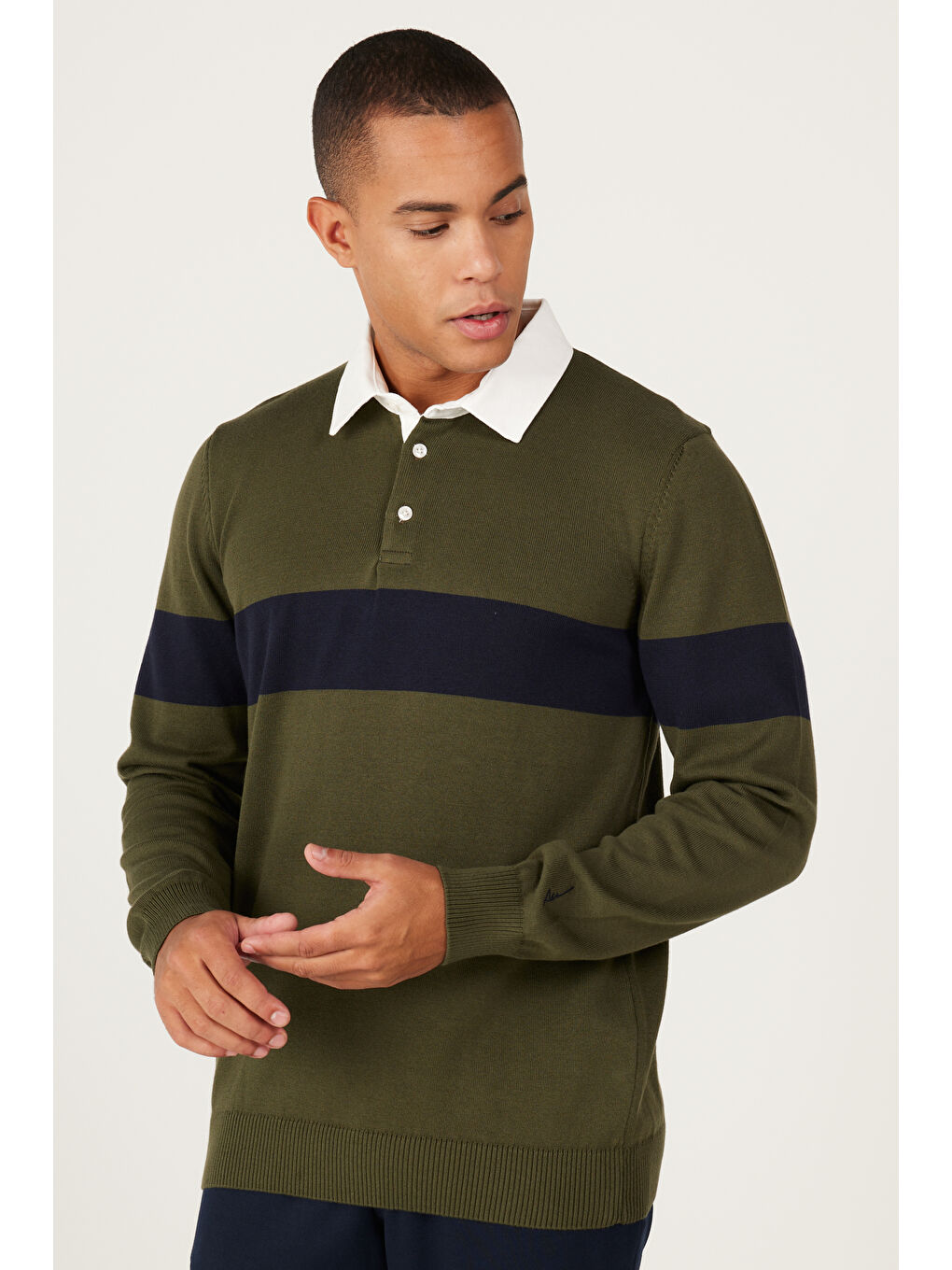 Erkek Haki-Lacivert Standart Fit Normal Kesim Polo Yaka %100 Pamuklu Desenli Triko Kazak-3