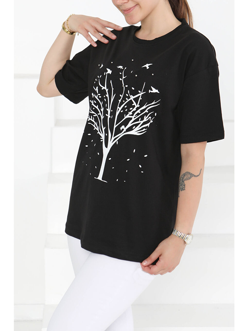 Baskılı Taşlı T-Şhirt Siyah - 27375-3