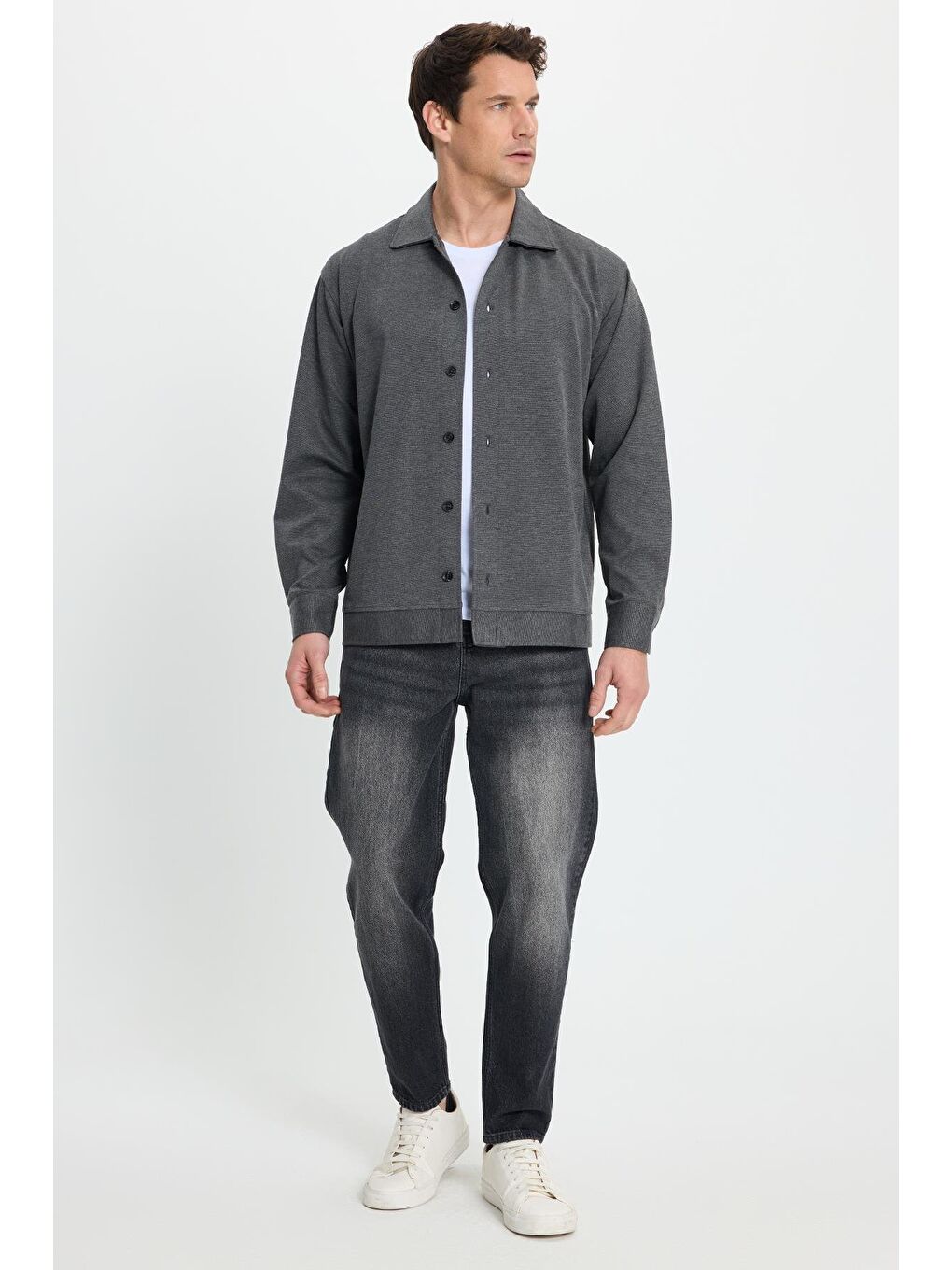 Erkek Relax Fit Rahat Kesim Düğmeli Yandan Cepli Örme Koyu Gri Ceket Gömlek-4