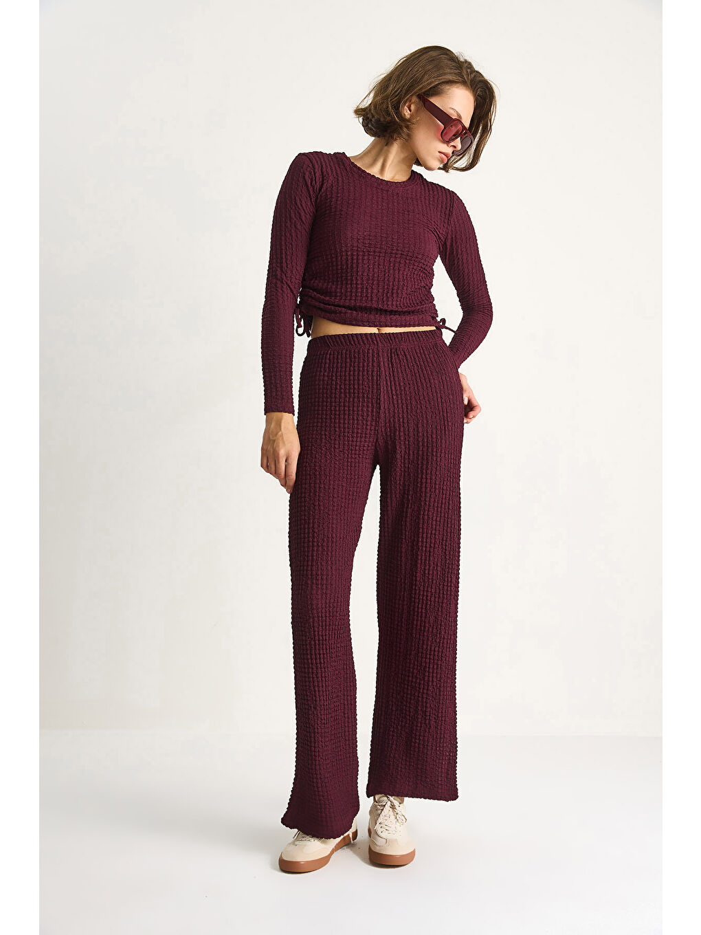 Mürdüm Kadın Yanları Bağlamalı Crop Beli Lastikli Yüksek Bel Pantolonlu Bürümcük Alt-Üst Takım-1