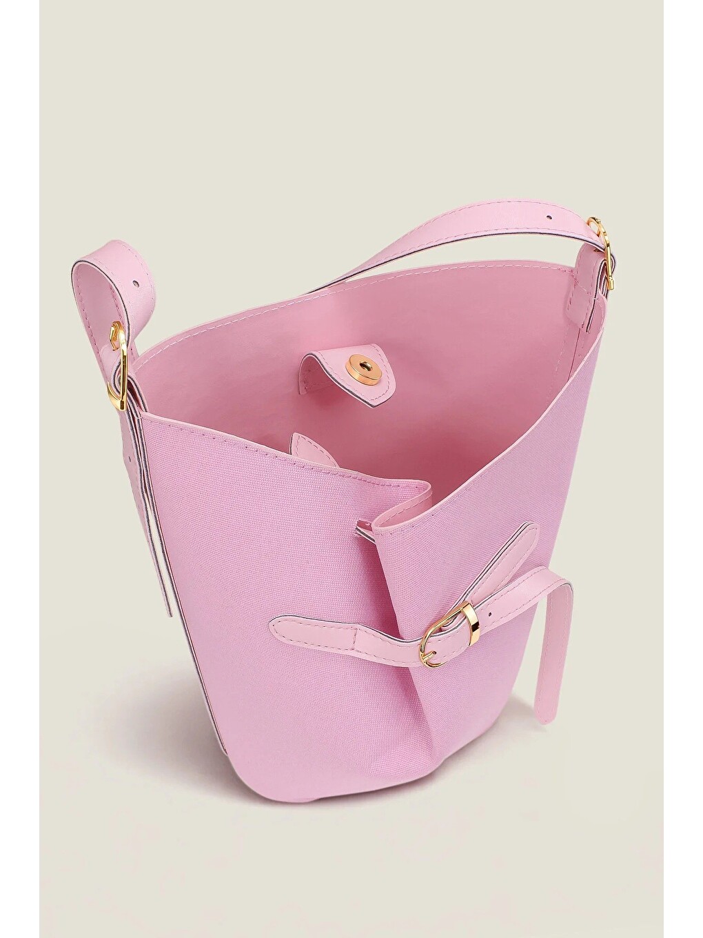 Luna Pembe Kanvas Bucket Omuz Çantası - Ayarlanabilir Omuz Askılı, Gold Aksesuarlı-3