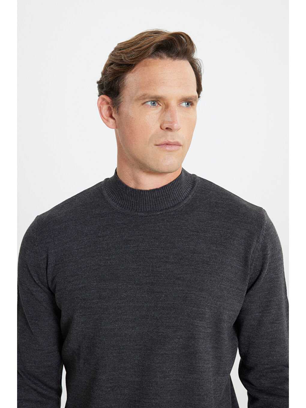 Erkek Antrasit-Melanj Tüylenme Yapmayan Anti-Pilling Standart Fit Yarım Balıkçı Yaka Triko Kazak-3