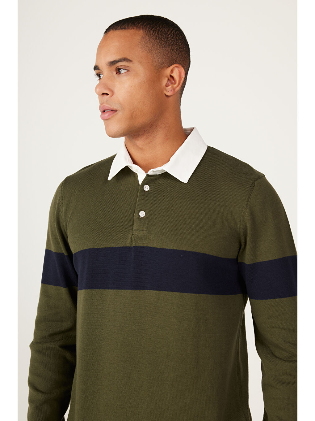 Erkek Haki-Lacivert Standart Fit Normal Kesim Polo Yaka %100 Pamuklu Desenli Triko Kazak-4