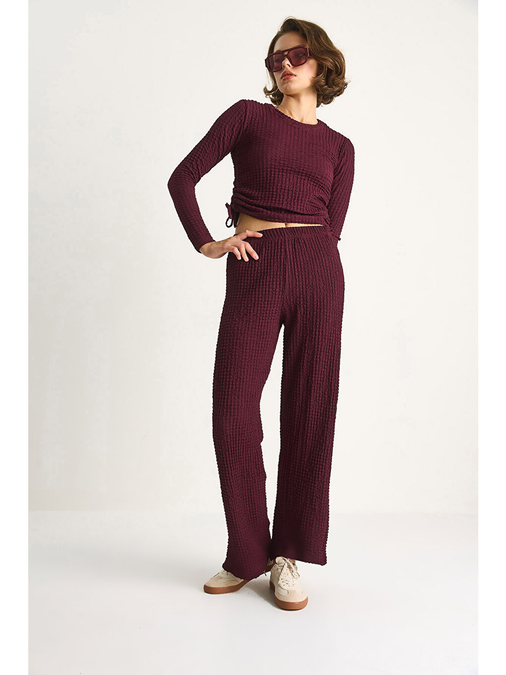 Mürdüm Kadın Yanları Bağlamalı Crop Beli Lastikli Yüksek Bel Pantolonlu Bürümcük Alt-Üst Takım-3