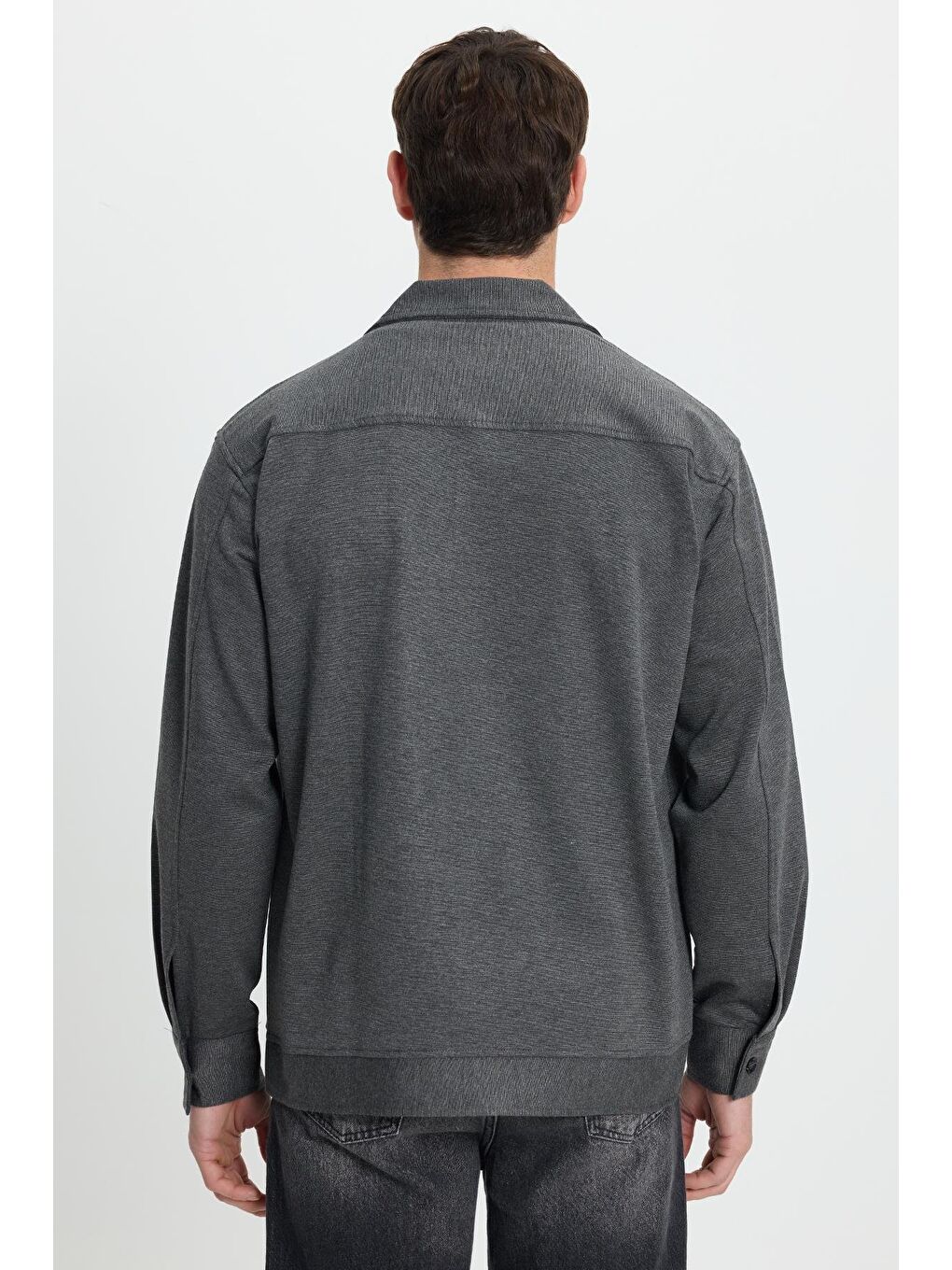 Erkek Relax Fit Rahat Kesim Düğmeli Yandan Cepli Örme Koyu Gri Ceket Gömlek-7