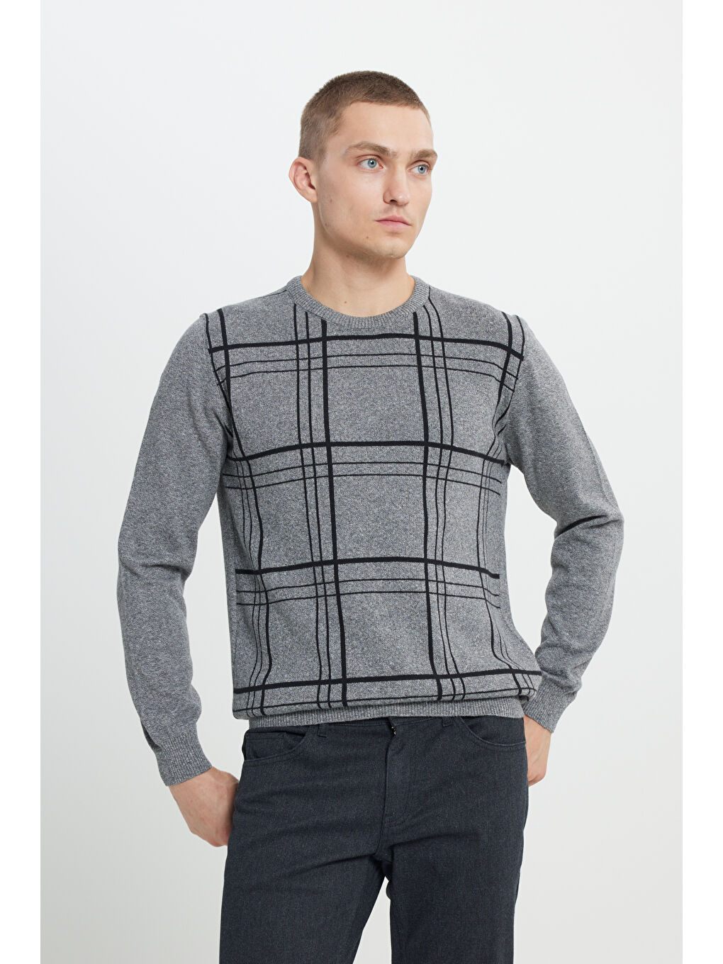 Erkek Gri-Ekru Recycle Standart Fit Normal Kesim Bisiklet Yaka Pamuklu Desenli Triko Kazak