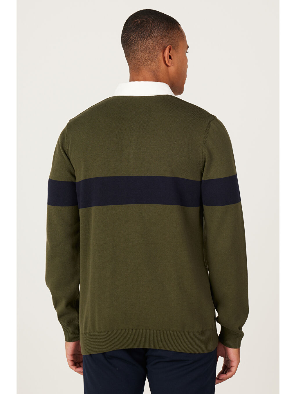 Erkek Haki-Lacivert Standart Fit Normal Kesim Polo Yaka %100 Pamuklu Desenli Triko Kazak-5