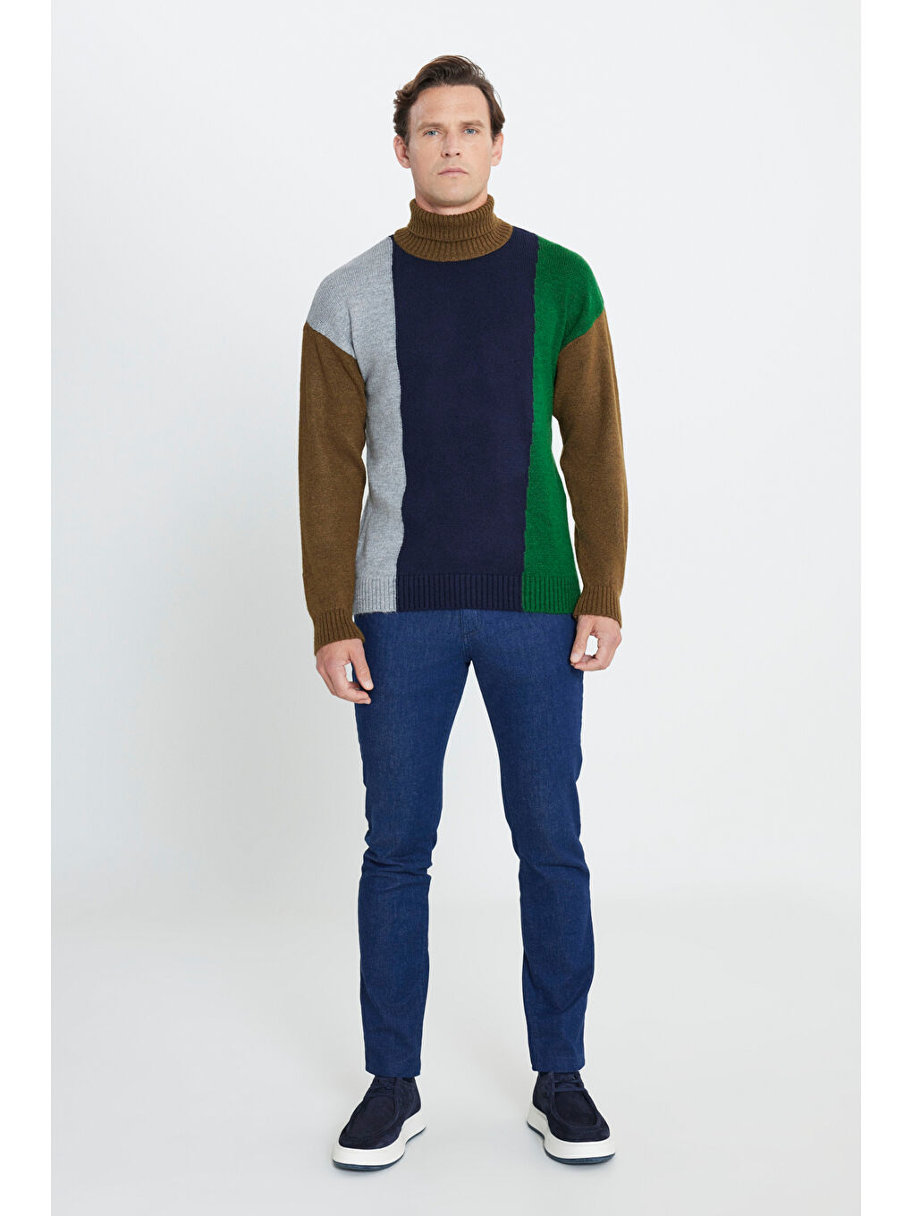 Erkek Haki-Lacivert Oversize Fit Bol Kesim Tam Balıkçı Yaka Triko Kazak-1