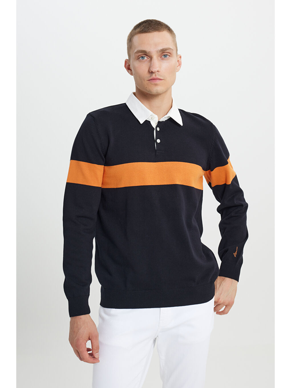 Erkek Siyah-Hardal Standart Fit Normal Kesim Polo Yaka %100 Pamuklu Desenli Triko Kazak-2