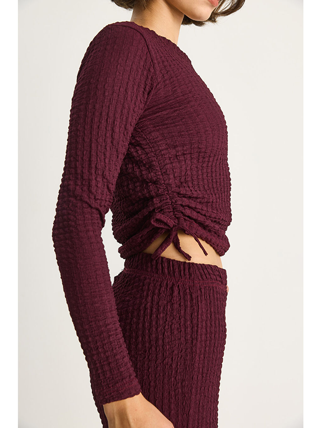 Mürdüm Kadın Yanları Bağlamalı Crop Beli Lastikli Yüksek Bel Pantolonlu Bürümcük Alt-Üst Takım-4