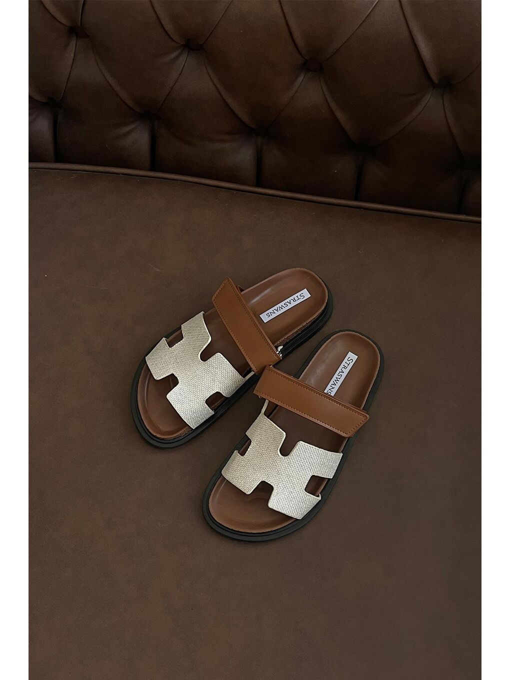 Palmeira  Kadın  Cırt  Bantlı  Deri  Terlik Bej-Hasır-1