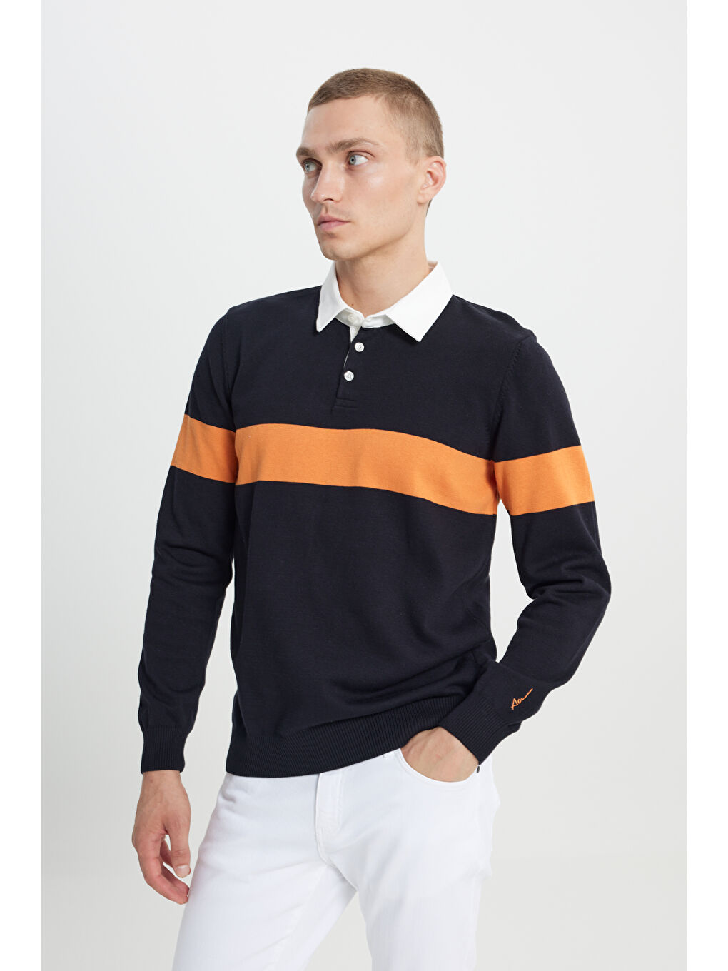 Erkek Siyah-Hardal Standart Fit Normal Kesim Polo Yaka %100 Pamuklu Desenli Triko Kazak-3