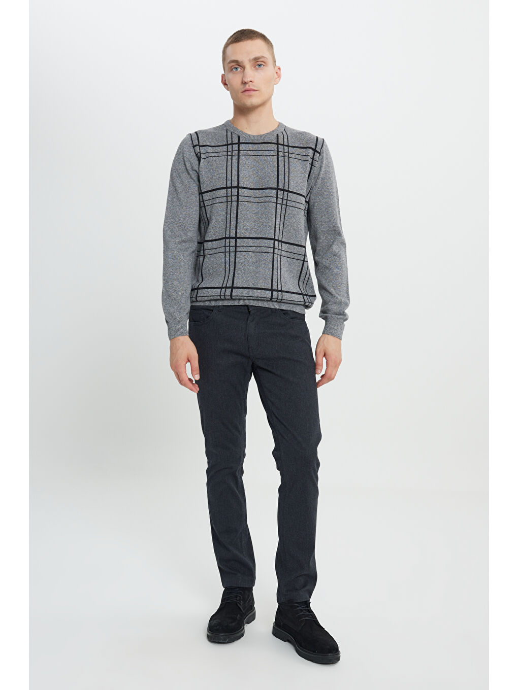 Erkek Gri-Ekru Recycle Standart Fit Normal Kesim Bisiklet Yaka Pamuklu Desenli Triko Kazak-1