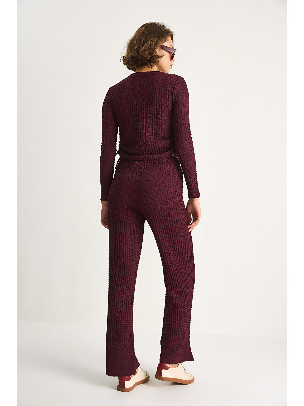 Mürdüm Kadın Yanları Bağlamalı Crop Beli Lastikli Yüksek Bel Pantolonlu Bürümcük Alt-Üst Takım-5