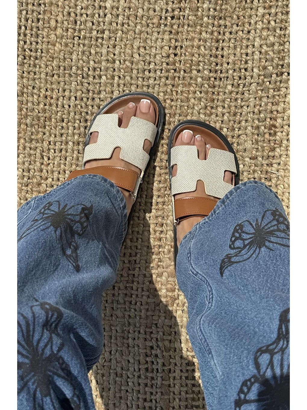 Palmeira  Kadın  Cırt  Bantlı  Deri  Terlik Bej-Hasır-3