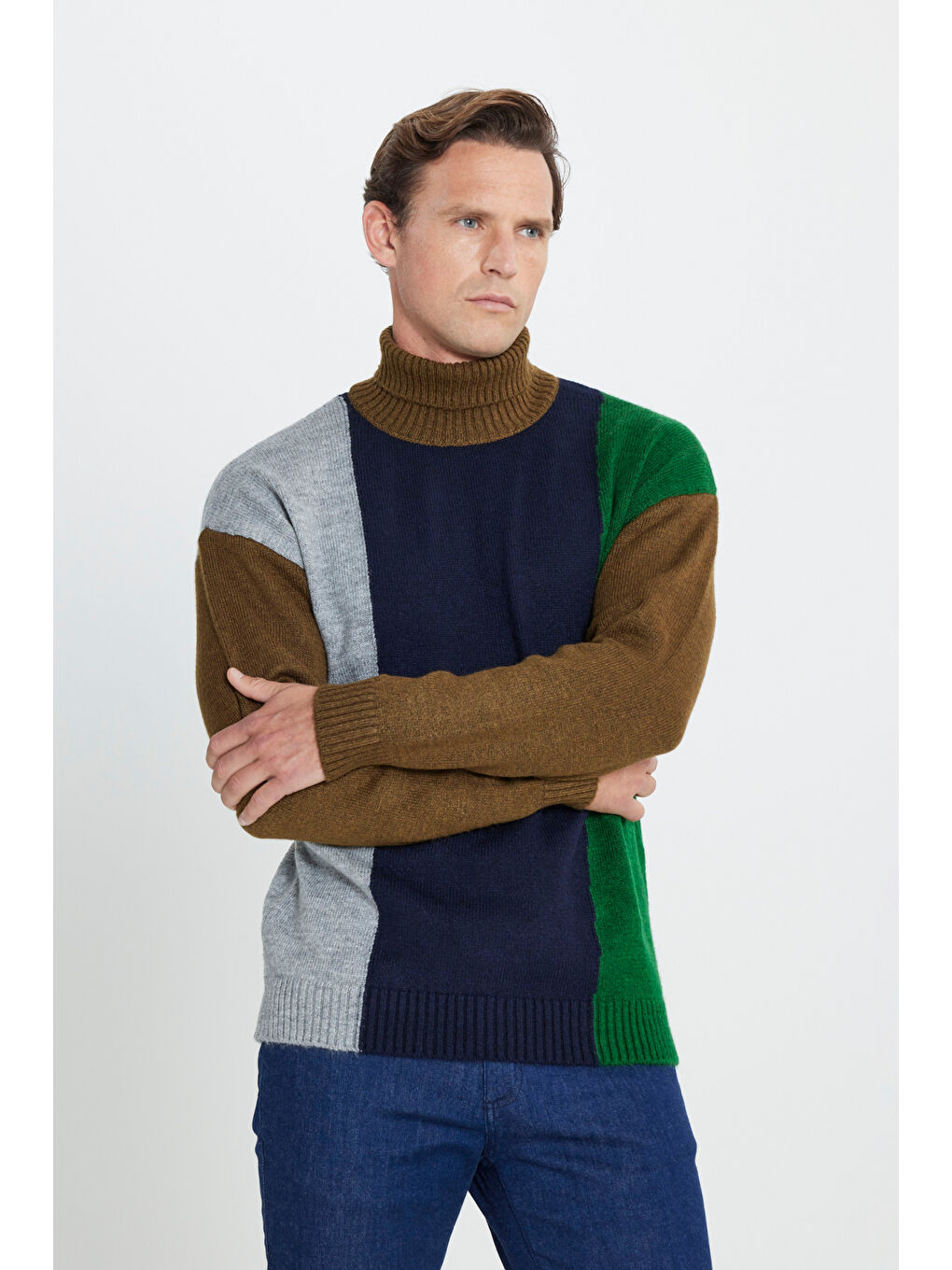 Erkek Haki-Lacivert Oversize Fit Bol Kesim Tam Balıkçı Yaka Triko Kazak-2