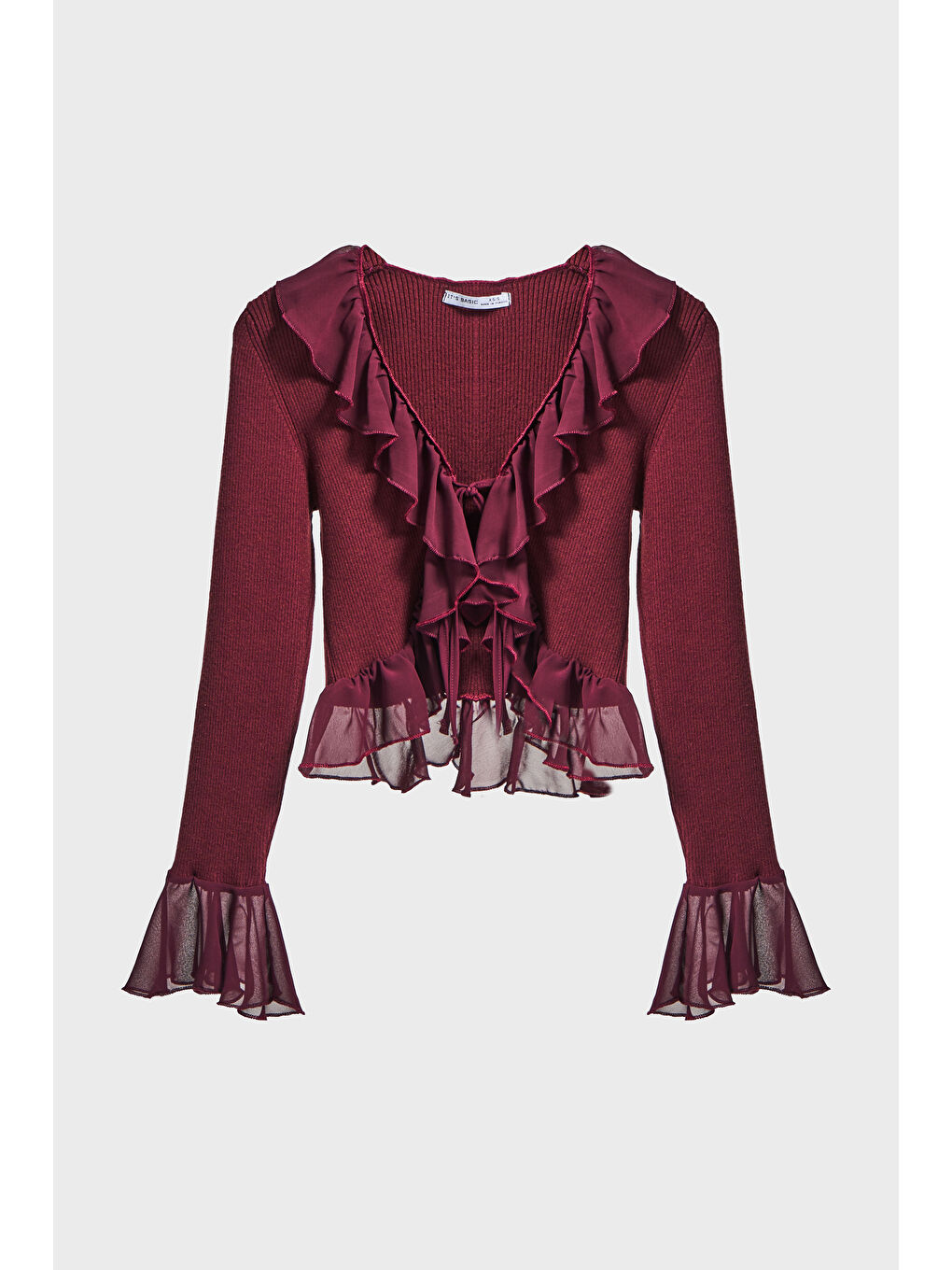 Kadın Bordo Renk w5-35 BT25 Triko Örme Kumaş Şifon Detaylı Volanlı Hırka Bluz