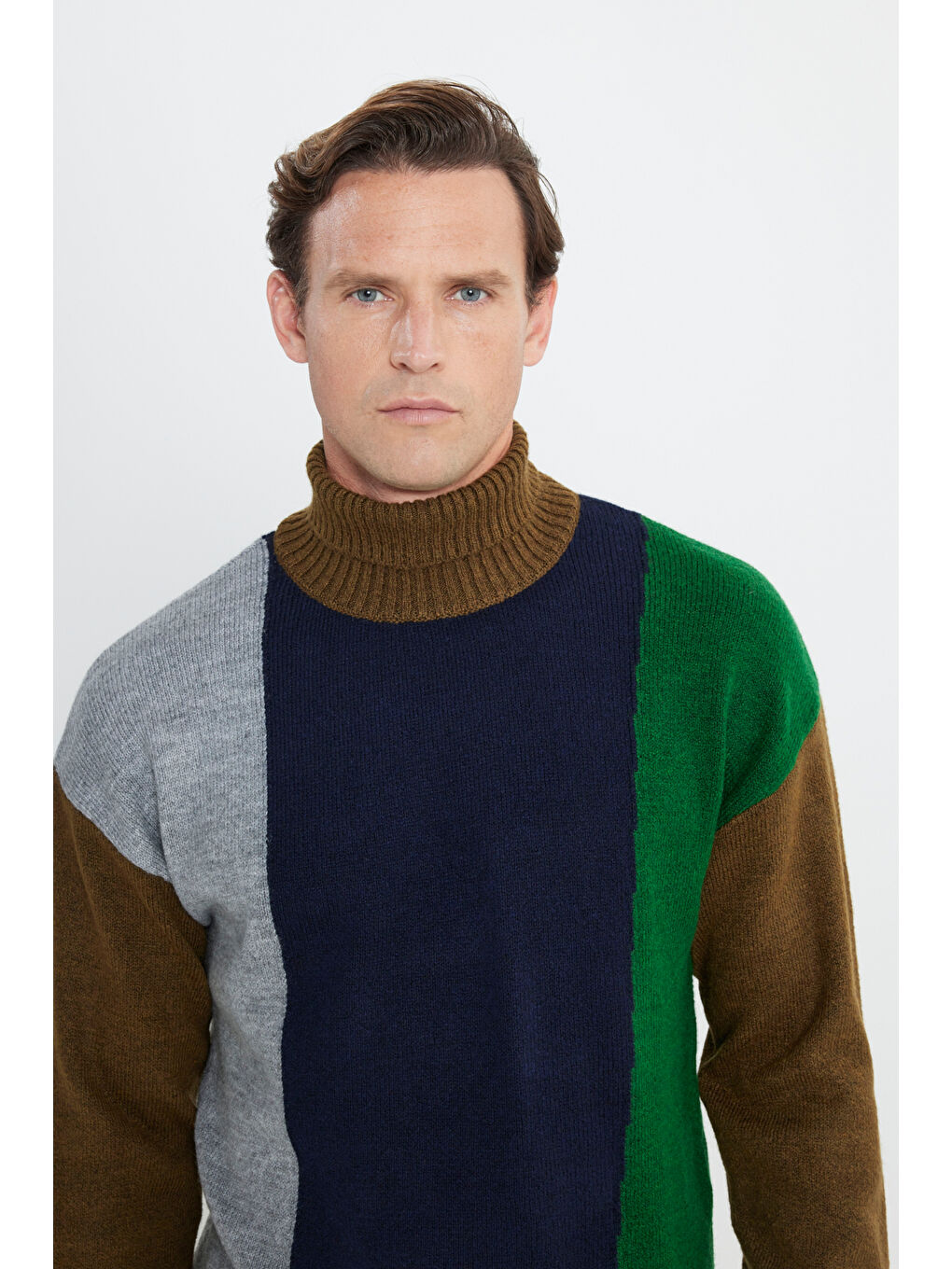 Erkek Haki-Lacivert Oversize Fit Bol Kesim Tam Balıkçı Yaka Triko Kazak-3