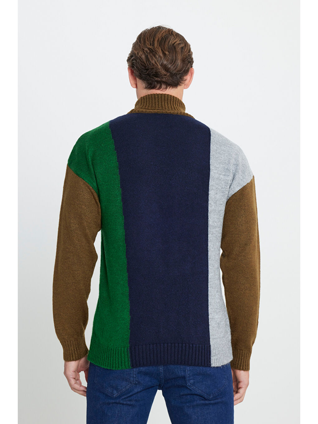 Erkek Haki-Lacivert Oversize Fit Bol Kesim Tam Balıkçı Yaka Triko Kazak-4