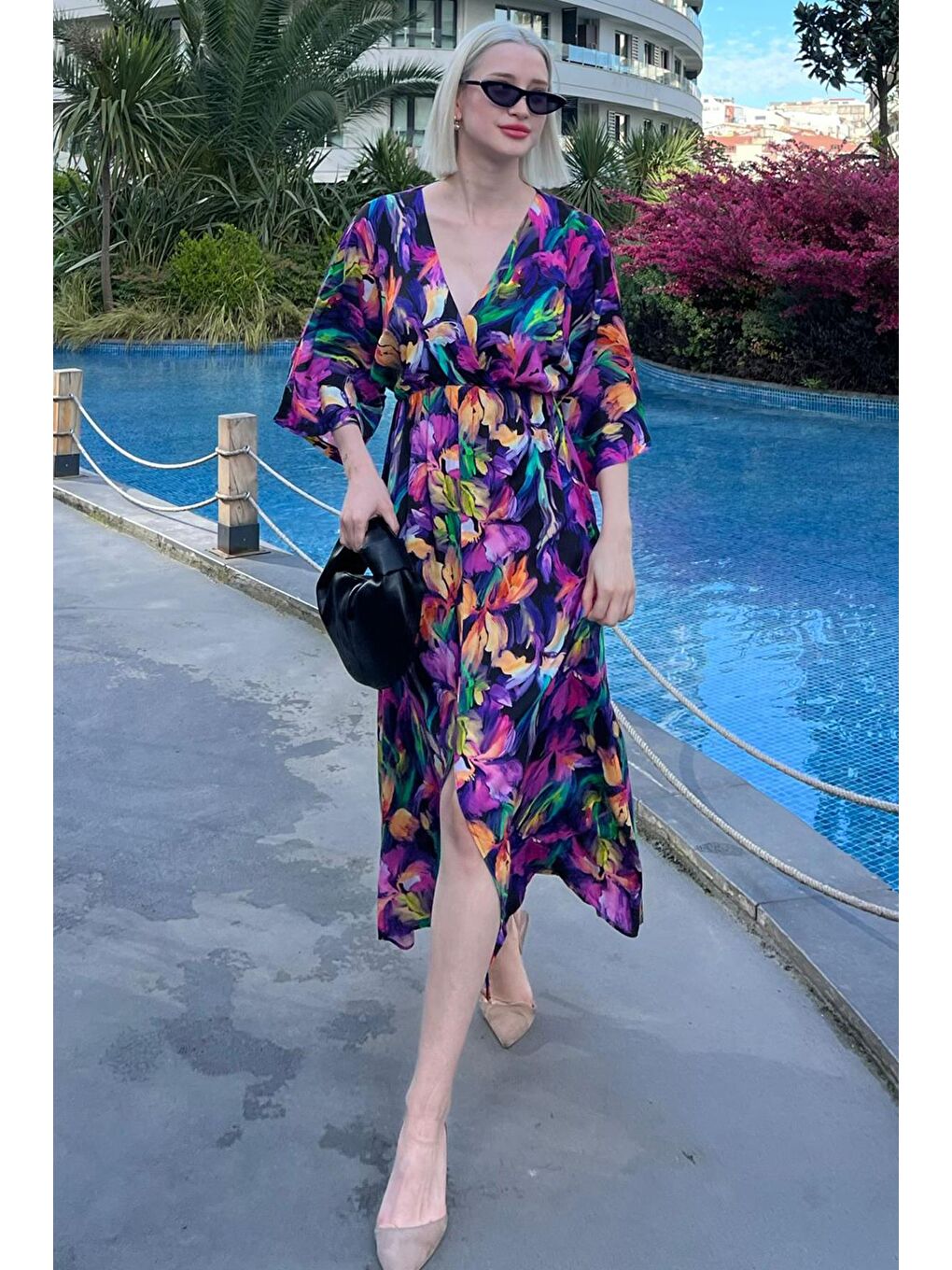 Mor Uzun V Yaka Desenli Kadın Elbise Mg2076-1