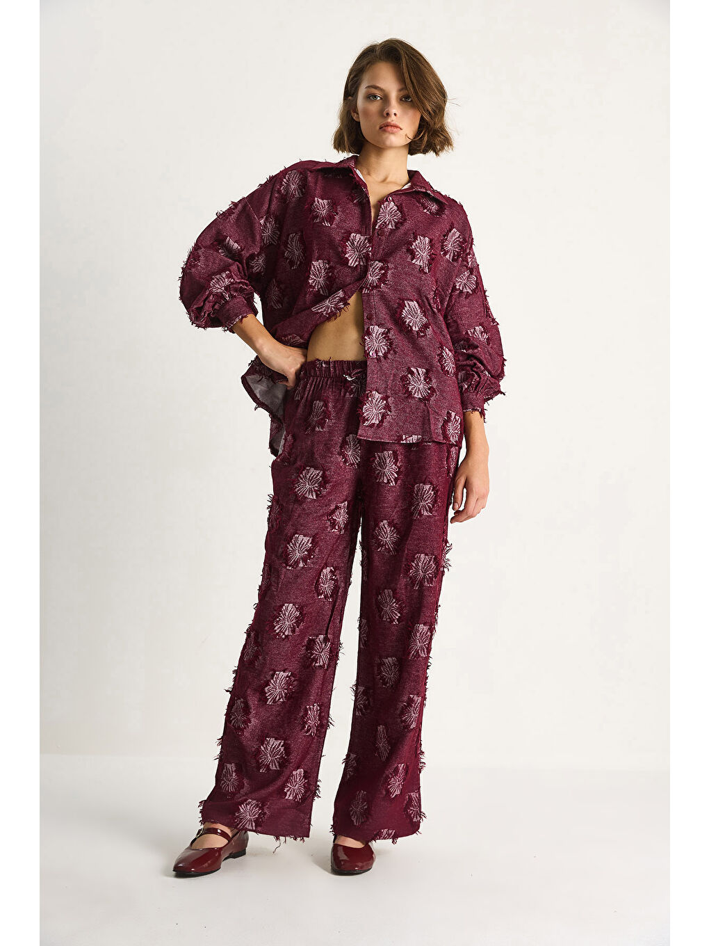 Bordo Kadın Oversize Gömlek Beli Lastikli Pantolon Saçaklı Dokuma Alt-Üst Takım-1