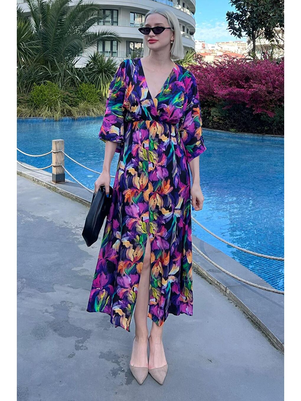 Mor Uzun V Yaka Desenli Kadın Elbise Mg2076-2