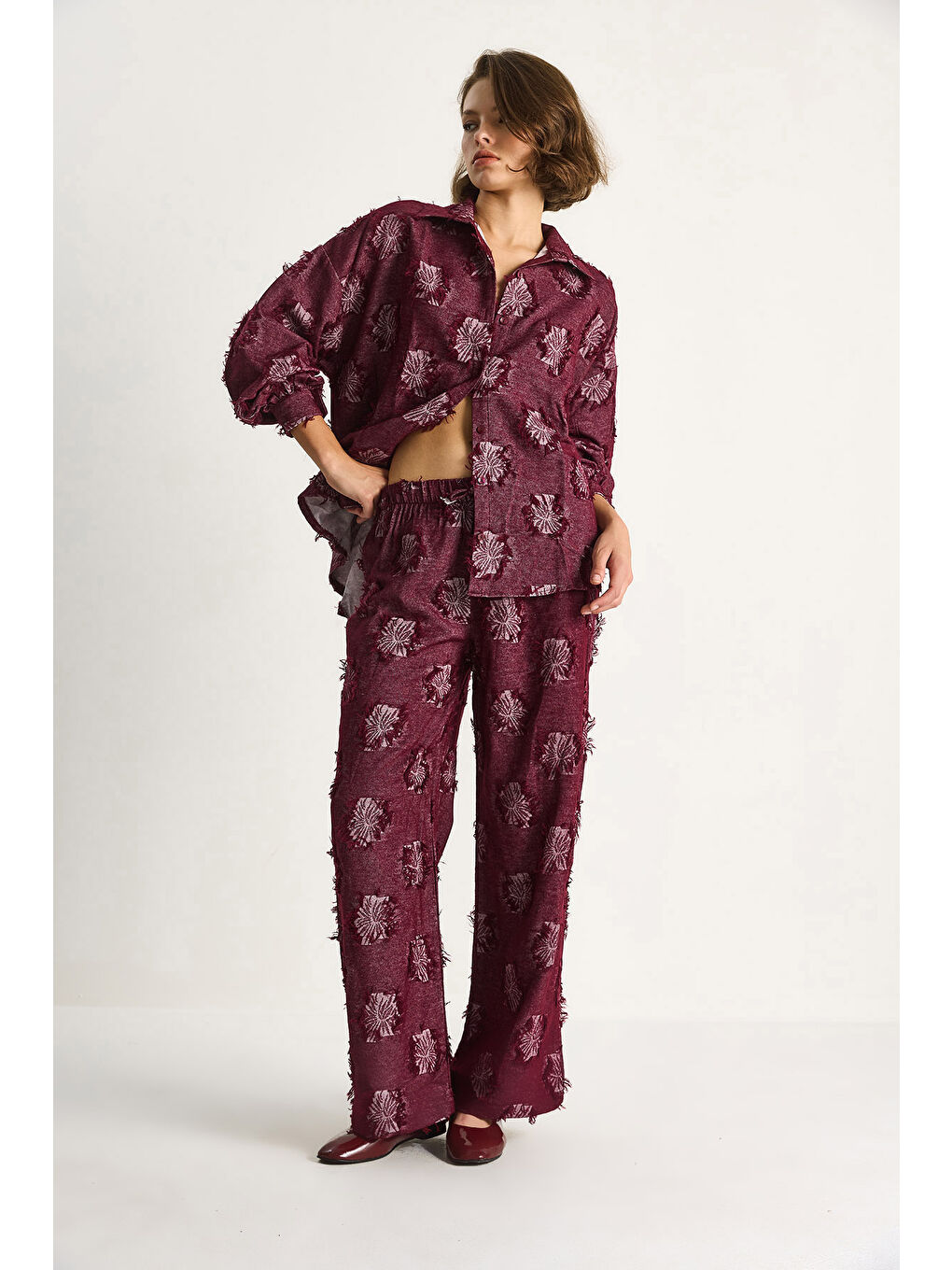 Bordo Kadın Oversize Gömlek Beli Lastikli Pantolon Saçaklı Dokuma Alt-Üst Takım-2