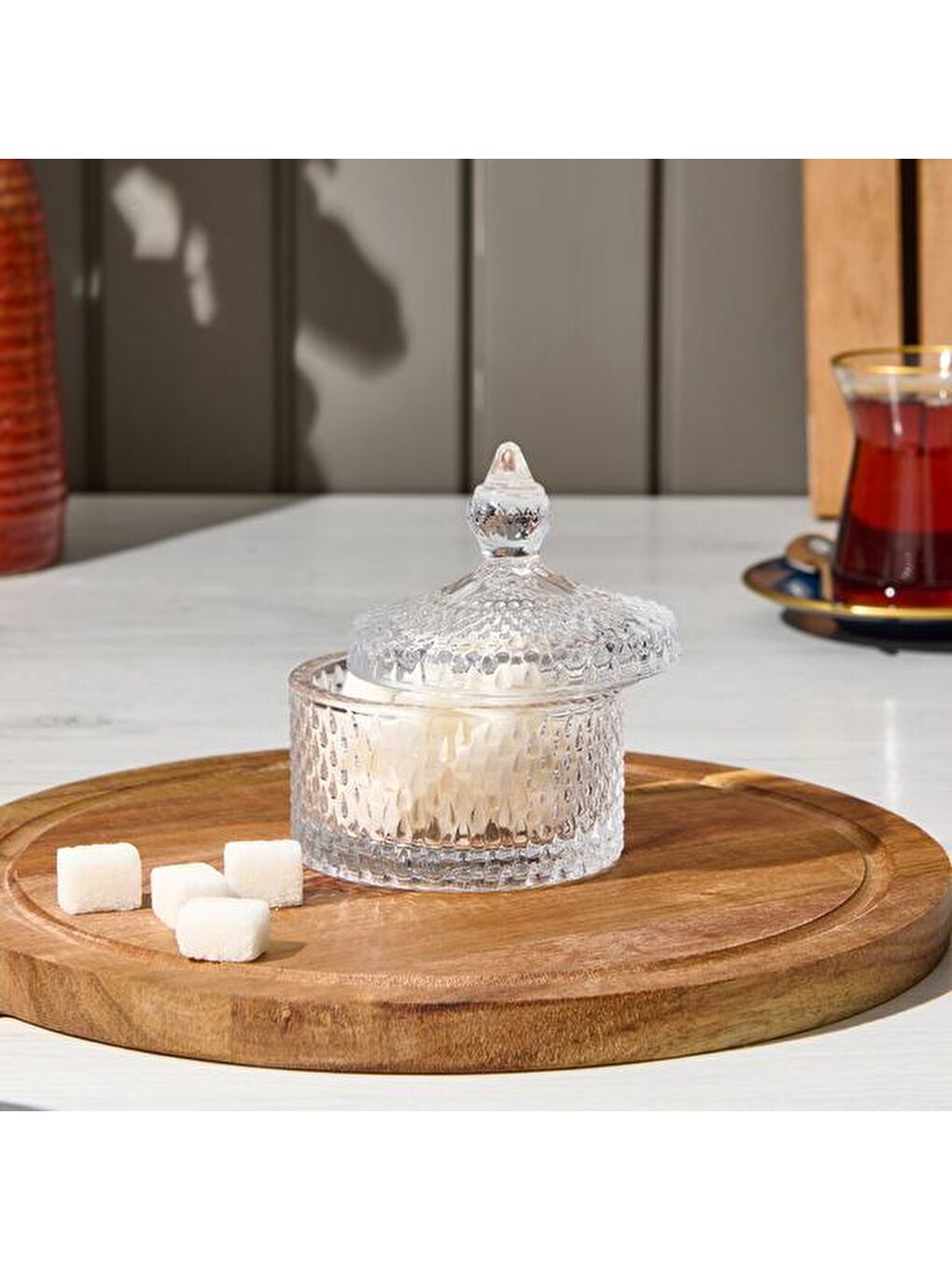 Renksiz Baklava Desenli Kapaklı Cam Şekerlik - Şeffaf - 10 cm